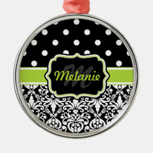 Ornamento De Metal Padrão de Bolinhas de Damask Verde Preto