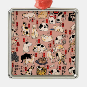 Ornamento De Metal Padrão de Gato Ukiyo-e Japonês Vintage: Kuniyoshi
