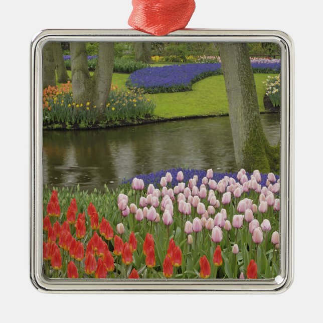 Ornamento De Metal Padrão de tulipas e flores de jacinto de uva, (Frente)