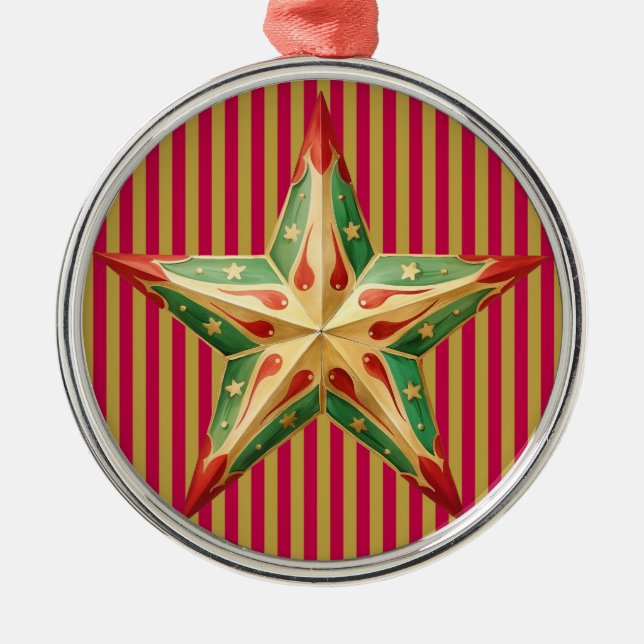 ORNAMENTO DE METAL PADRÃO TUFTED DE NATAL VERMELHO COM ESTRELA VERDE  (Frente)