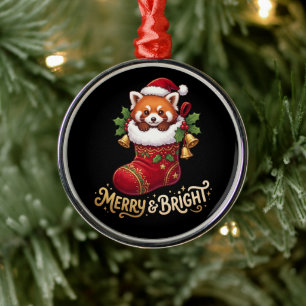 Ornamento De Metal Panda Vermelho em Meia de Natal Alegre e Brilhante