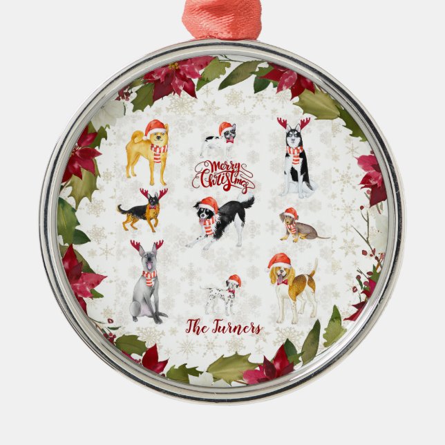 Ornamento De Metal Papai Noel de Natal Cães Poinsettia Monograma (Frente)