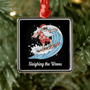 Ornamento De Metal "Papai Noel de Surfe Divertido Dominando as Ondas
