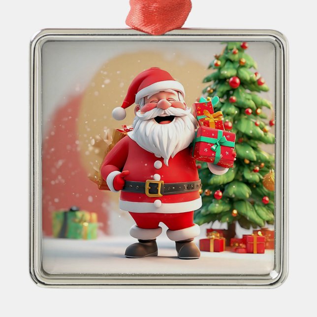Ornamento De Metal Papai Noel do Natal segurando presente (Frente)