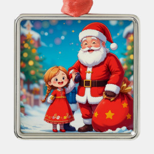 Ornamento De Metal Papai Noel e Menina com um Saco de Presentes