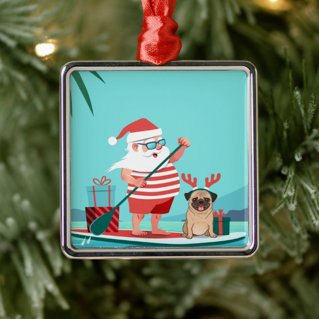 Ornamento De Metal Papai Noel e o Pug dele no surfboard (Árvore)