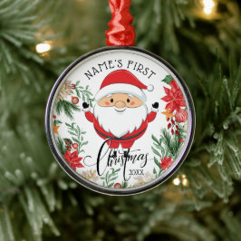 Ornamento De Metal Papai Noel e Poinsettia Bebê Primeiro Natal