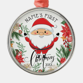 Ornamento De Metal Papai Noel e Poinsettia Bebê Primeiro Natal