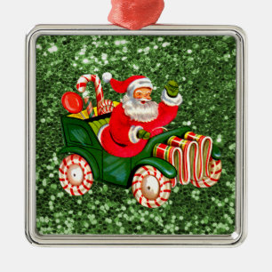 Ornamento De Metal Papai Noel em Carro de Bala de Hortelã com Brilho 