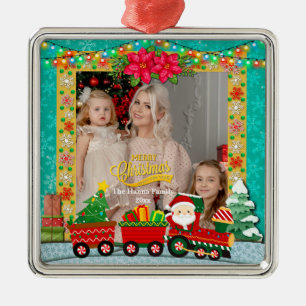 Ornamento De Metal Papai Noel em trem com presentes e árvore de Natal