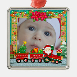 Ornamento De Metal Papai Noel em trem com presentes e árvore de Natal