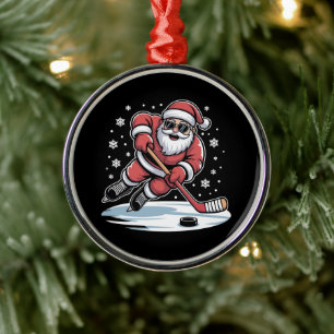 Ornamento De Metal Papai Noel engraçado de Natal jogando hóquei no ge