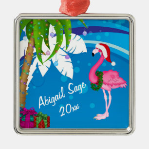 Ornamento De Metal Papais noeis Rosa Personalizados, Flamingo Beach C