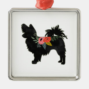 Ornamento De Metal Papillon Toy Dog Breed Boho Floral Silhouette