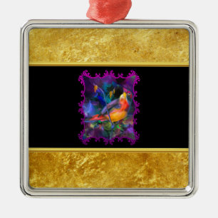 Ornamento De Metal Pardal roxo com folha de ouro e textura preta