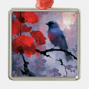 Ornamento De Metal Pássaro Canoro Azul com Flores Vermelhas Cereja