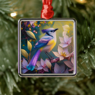 Ornamento De Metal Pássaro de Fantasia Amarelo Violet Tufado