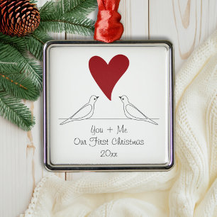 Ornamento De Metal Pássaros de Amor Simples Moderno Coração Vermelho
