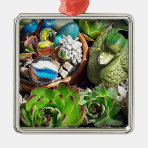 Ornamento De Metal Pato Bonito e Plantas Suculentas