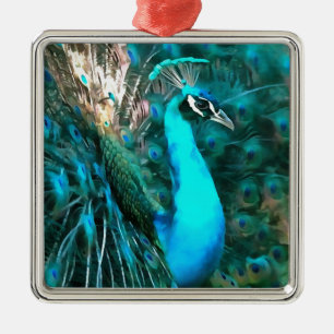 Ornamento De Metal Pavão Azul Vibrante Dentro Com Cauda Vibrada