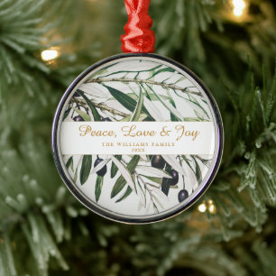 Ornamento De Metal Peace Love and Joy Vintage Olive Branch