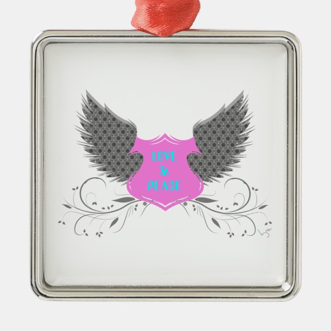 Ornamento De Metal Peace Love Angel Wings Design (Frente)