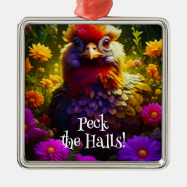 Ornamento De Metal Peck the Halls Chicken Pun | Hen de Natal