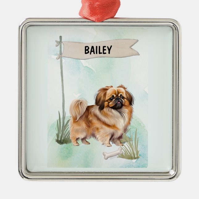 Ornamento De Metal Pekinese Watercolor Personalized Dog (Frente)
