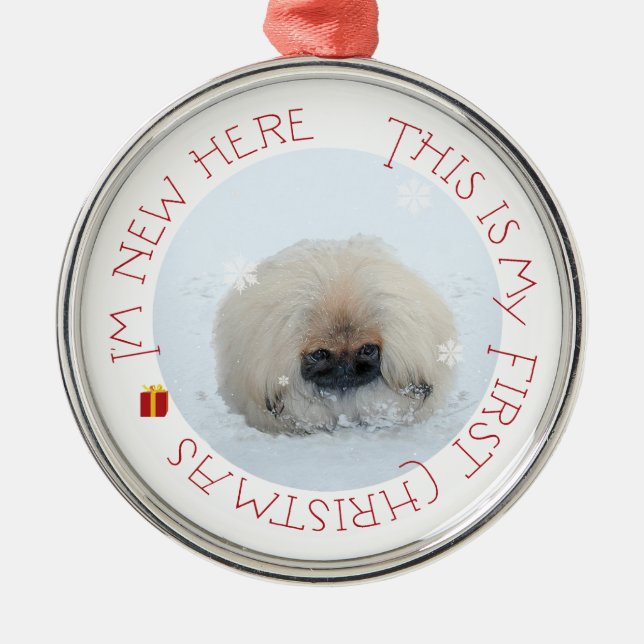 Ornamento De Metal Pekingese Puppy Primeiro Natal (Frente)