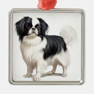 ORNAMENTO DE METAL PEQUENO CÃO CHIN BRANCO E PRETO ADORÁVEL