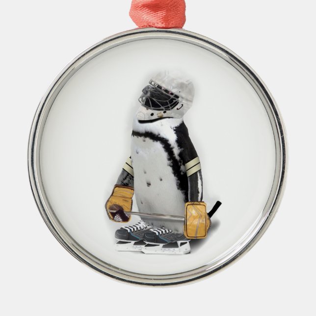 Ornamento De Metal Pequeno Pinguim Vestindo Hockey Gear (Frente)