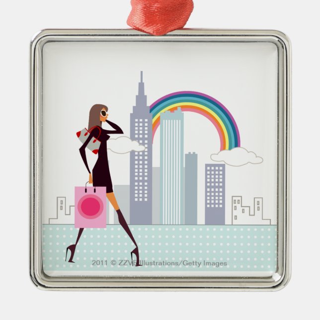 Ornamento De Metal Perfil de uma mulher que anda guardarando um saco (Frente)