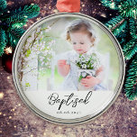 Ornamento De Metal Personalização do Batismo Fotografia Keepsasaket<br><div class="desc">Celebrar um dos marcos da vida com este ornamento de manutenção de fotos "Batizado", </div>