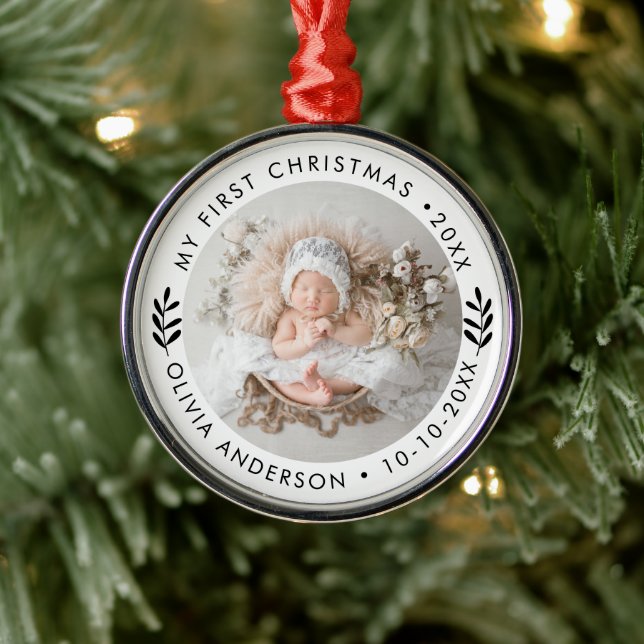 Ornamento De Metal Personalized Elegant First Christmas Baby's Photo (Árvore)