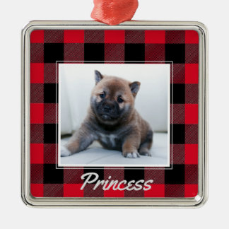 Ornamento De Metal Pet Personalizada de Cão de Xadrez Vermelha-Cachor