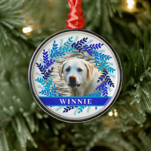 Ornamento De Metal Pet Personalizado Photo Christmas Blue Wreath