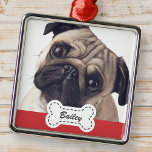 Ornamento De Metal Pet Photos on Cute Dog Bone Add Name<br><div class="desc">Adicione o nome de animal de estimação na tipografia de script lúdico em uma simples placa de nome de cão. Adicione fotos personalizadas.</div>