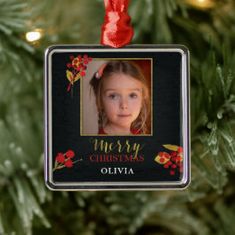 Ornamento De Metal Photo Customizable Christmas Card, Black Gold Red