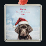 Ornamento De Metal Pia de Arte do Cachorro Santa Hat, Cachorro Negro,<br><div class="desc">Elevem o vosso decoro de férias com o nosso carinhoso Cachorro Alemão Bonito de Papoila num Ornamento Personalizado de Natal de Pencil Vermelho Santa Hat. Este adorável ornamento apresenta um adorável cachorrinho alemão Shorthair adormecido com um chapéu vermelho festivo de Papai Noel num delicado estilo de arte a lápis, acrescentando...</div>