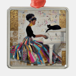 Ornamento De Metal Pianista Negra com Folha de Ouro e Gato
