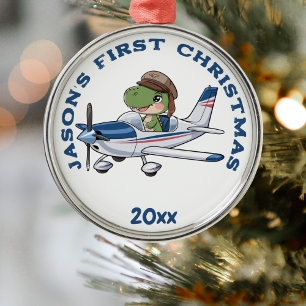 Ornamento De Metal Piloto de avião e dinossauro de primeiro Natal per