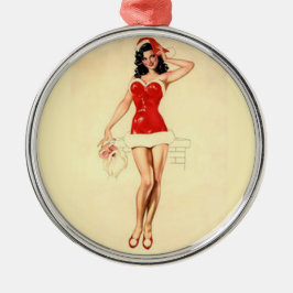 Ornamento De Metal Pin Up Girl com máscara de Papais noeis