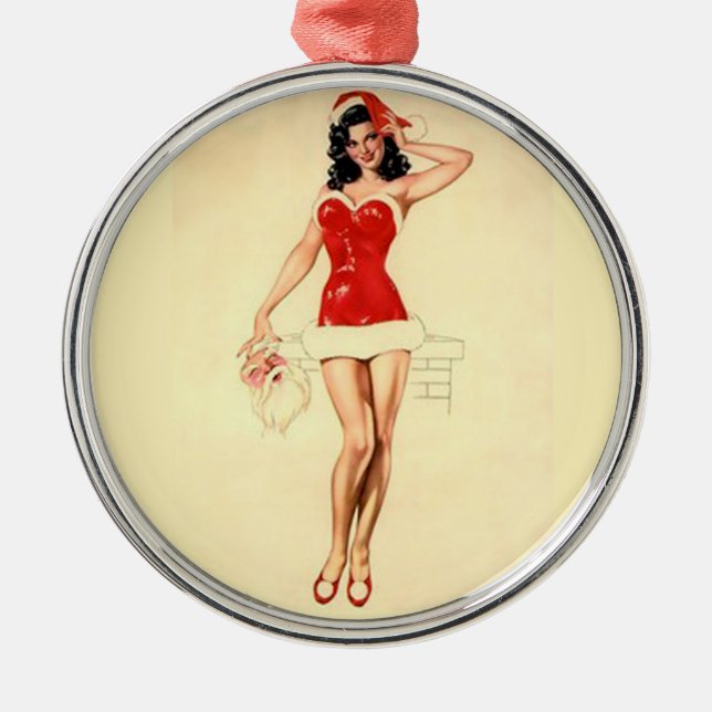Ornamento De Metal Pin Up Girl com máscara de Papais noeis (Frente)
