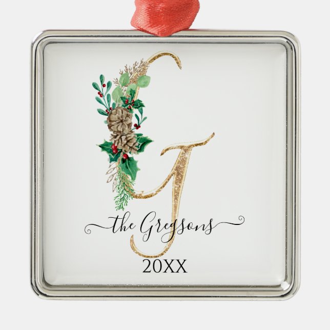 Ornamento De Metal Pine Cone Holly Christmas Glitter Monogramo G (Frente)