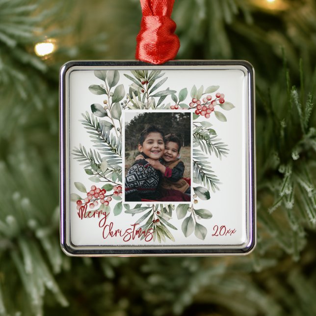Ornamento De Metal Pine Greenery Holly Foto Feliz Natal (Árvore)