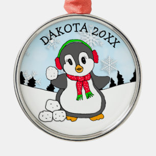 Ornamento De Metal Pinguim Bonito Jogando bolas de neve no Natal