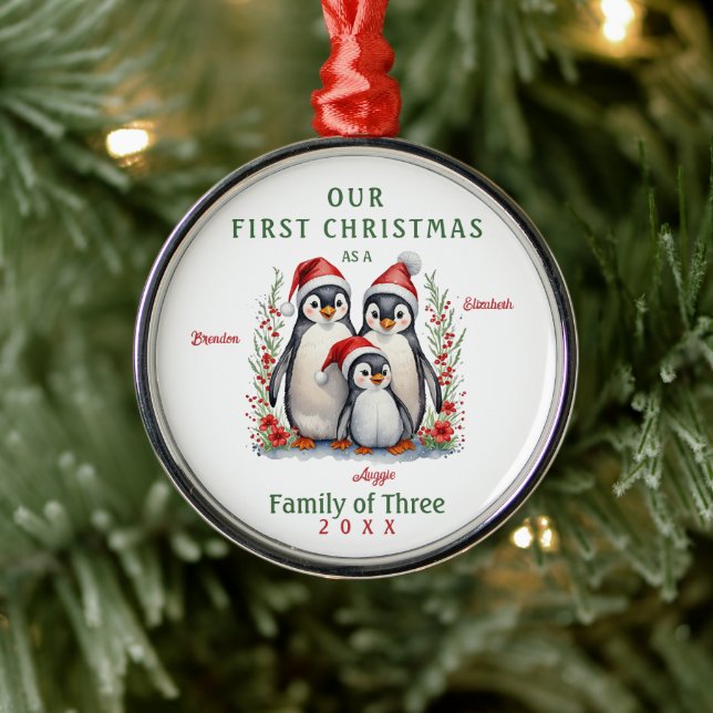 Ornamento De Metal Pinguins Primeira Família de Natal de Três (Árvore)