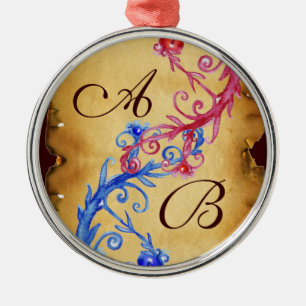 ORNAMENTO DE METAL PINK BLUE FLORAL SWIRLS COM MONOGRAMA SOUVENIR