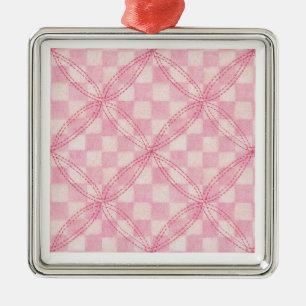 Ornamento De Metal PINK CHECK QUILT Premium Square Ornament