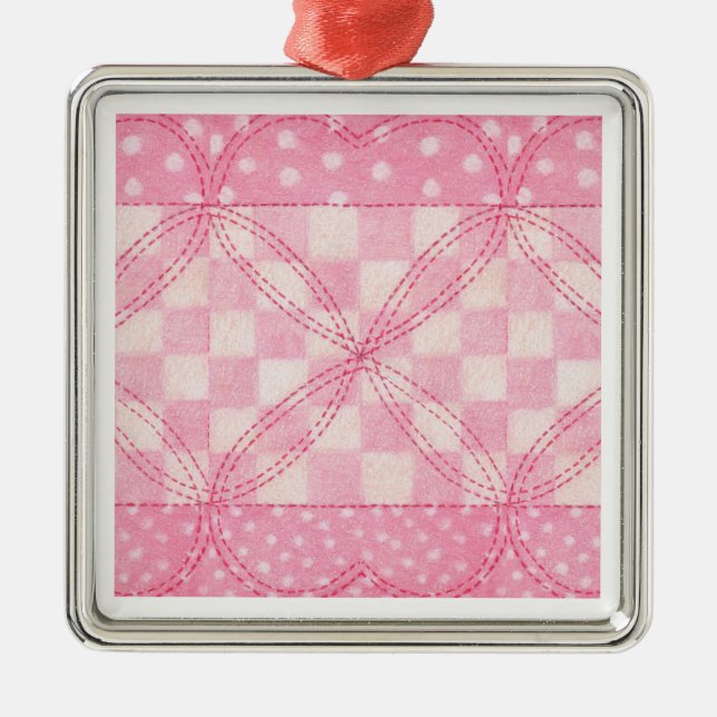 Ornamento De Metal PINK HEART QUILT Premium Square Ornament (Frente)